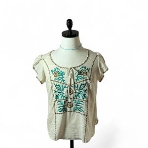Embroidered Bohemian Top Short Sleeve Blouse Cream‎ Green Size M